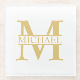 Wit en Goud Gepersonaliseerd Monogram en Naam Glazen Onderzetter