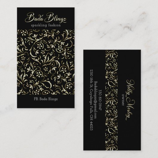 Wit en goud glitter damast visitekaartje (Voorkant / Achterkant)