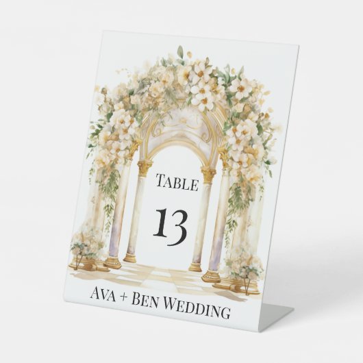 Wit en Goud Kerk Trouwtafel Nummer Reclamebord Met Voetstuk (Voorkant)