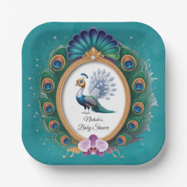 Wit en Goud Kleurrijk Pauw Baby shower Papieren Bordje