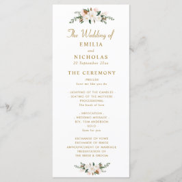 wit en goud magnolia floral bruiloft programma programmakaart