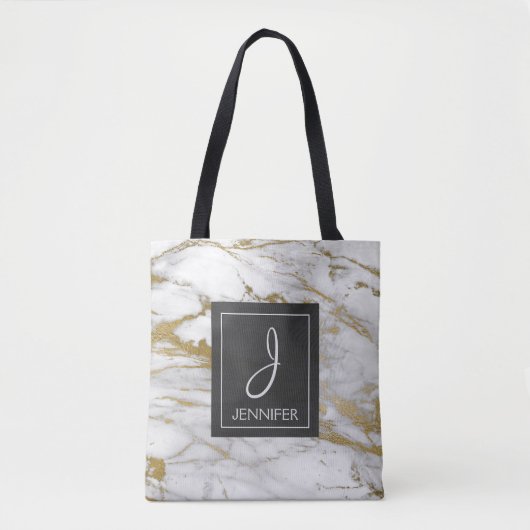 Wit en Goud Marmer Monogram Boekentas Tote Bag (Voorkant)