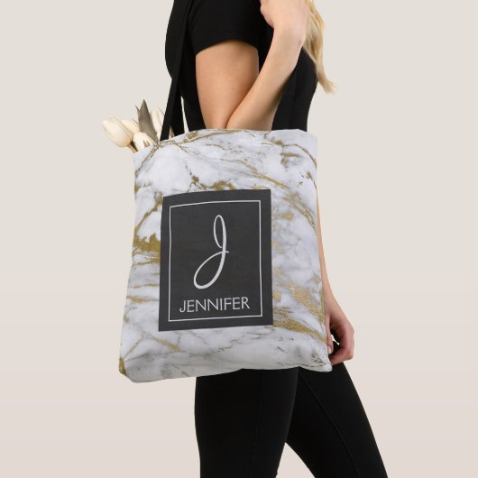 Wit en Goud Marmer Monogram Boekentas Tote Bag (Dichtbij)