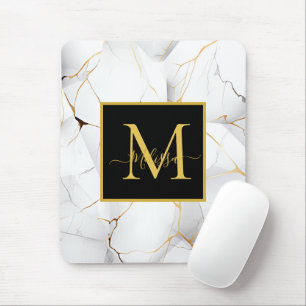 Wit en Goud Marmered Monogram Muismat