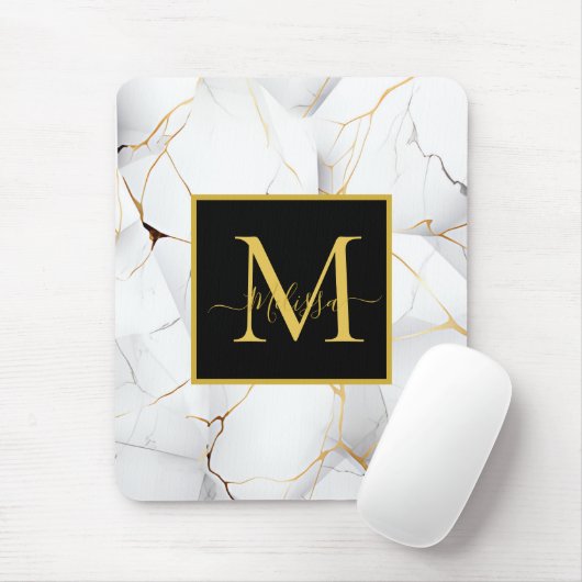 Wit en Goud Marmered Monogram Muismat (Met muis)