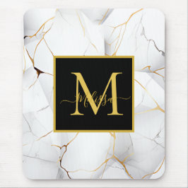Wit en Goud Marmered Monogram Muismat