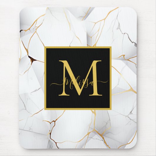 Wit en Goud Marmered Monogram Muismat (Voorkant)