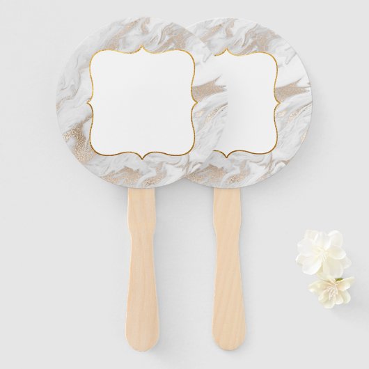 Wit en Goud Marmered Veiling Paddle Handwaaier (Voorkant en achterkant)