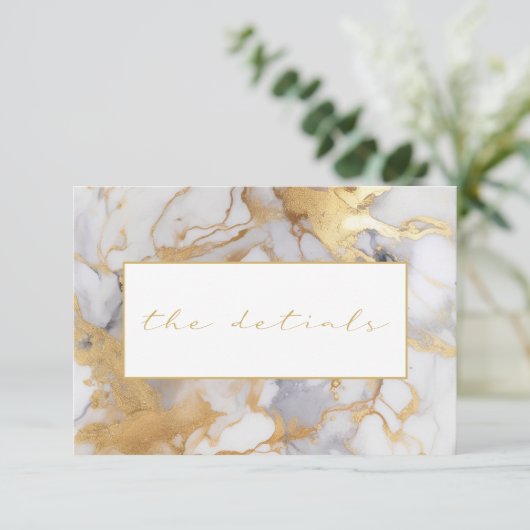 Wit en goud marmeren bruiloft de details informatiekaartje (Staand voorkant)