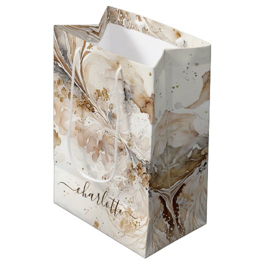 Wit en Goud Marmeren Geschenktas Medium Cadeauzakje (Voorkant Gekanteld)