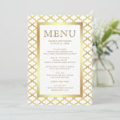 Wit en goud Marokkaans quatrefoil bruiloftsuitnodi Menu (Staand voorkant)