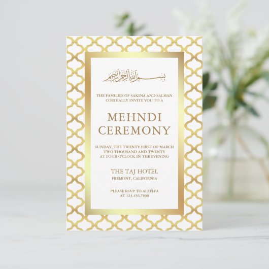 Wit en goud Marokkaans Quatrefoil Moslim Mehndi Informatiekaartje (Staand voorkant)