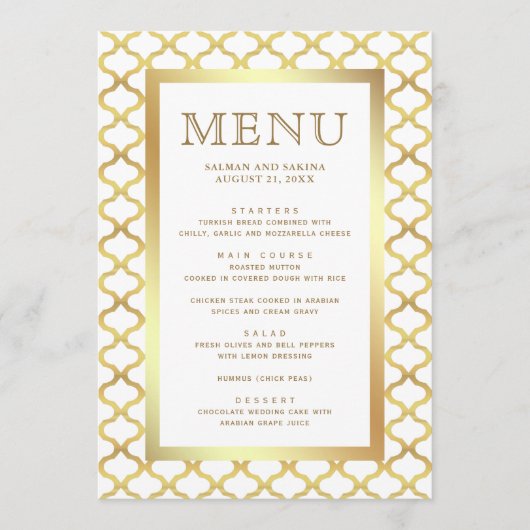 Wit en Goud Marokkaanse Quatrefoil Bruiloft Menu (Voorkant)