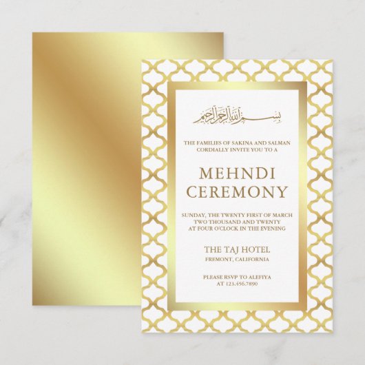 Wit en Goud Marokkaanse Quatrefoil Moslim Mehndi Informatiekaartje (Voorkant / Achterkant)