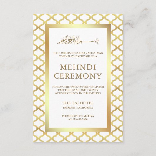 Wit en Goud Marokkaanse Quatrefoil Moslim Mehndi Informatiekaartje (Voorkant)