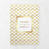 Wit en Goud Marokkaanse Quatrefoil Trouwfoto Drieluik Uitnodiging (Cover)