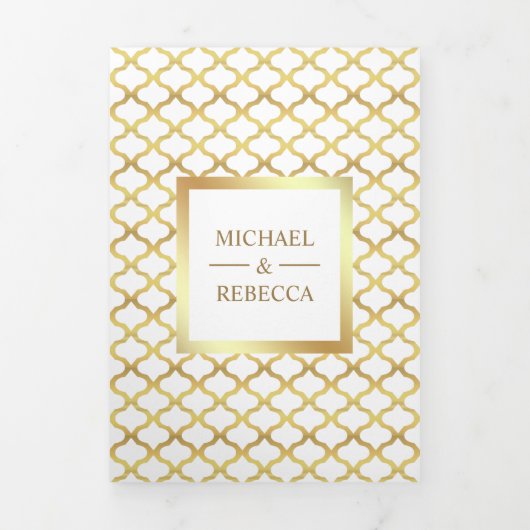 Wit en Goud Marokkaanse Quatrefoil Trouwfoto Drieluik Uitnodiging (Cover)