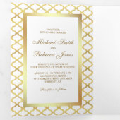 Wit en Goud Marokkaanse Quatrefoil Trouwfoto Drieluik Uitnodiging (Binnenzijde eerst)
