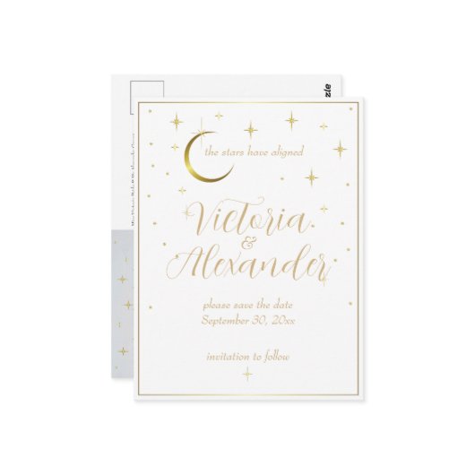 Wit en Goud Modern Minimal Celestial Save Date Briefkaart (Voorkant / Achterkant in situ)