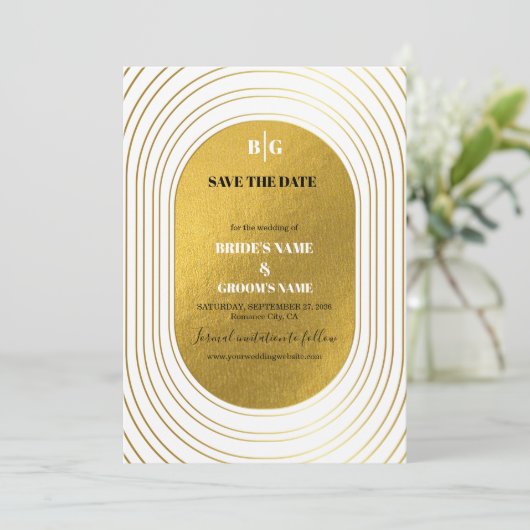 Wit en goud Modern minimalistische wapenweddenscha Save The Date (Staand voorkant)