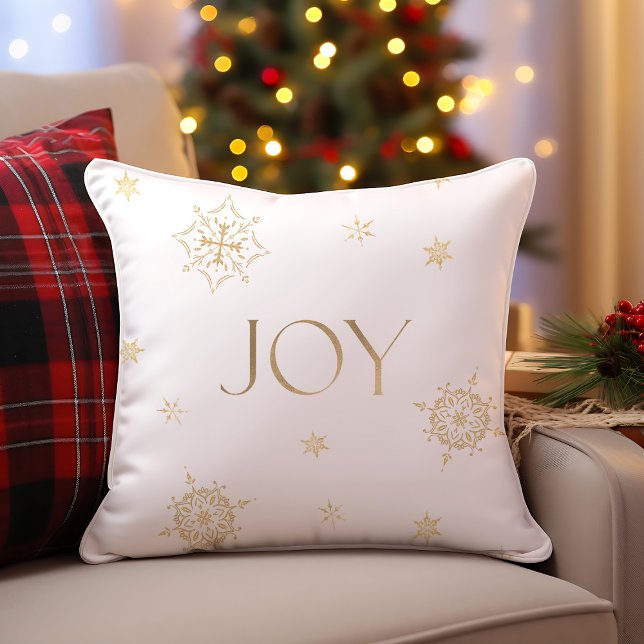 Wit en Goud Moderne Sneeuwvlok Vakantie Vreugde Kussen (Gold and White Modern Snowflake Holiday Joy Throw Pillow)