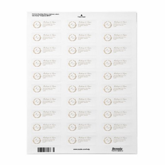 Wit en Goud Monogram Bruiloft Retouradres Etiket (Full Sheet)