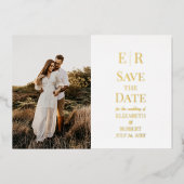 Wit en Goud Monogram Foto Save the Date Kaart (Voorkant)