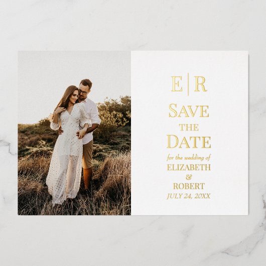 Wit en Goud Monogram Foto Save the Date Kaart (Voorkant)