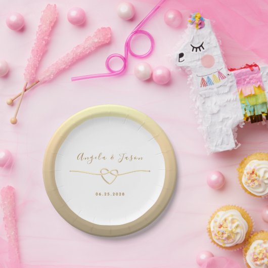 Wit en Goud Monogram Hart Wedding Papieren Bordje (Feest)