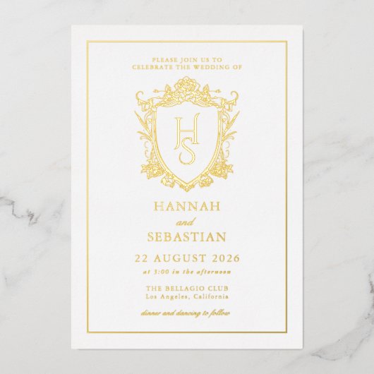 Wit en Goud Oud Geld  Crest Wedding Folie Uitnodiging (Voorkant)