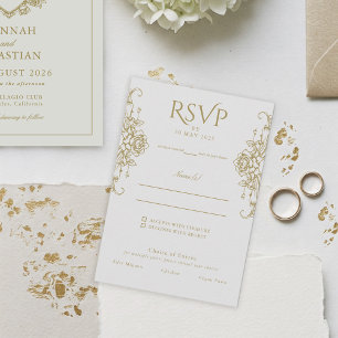 Wit en Goud Oud Geld  Crest Wedding RSVP Kaartje
