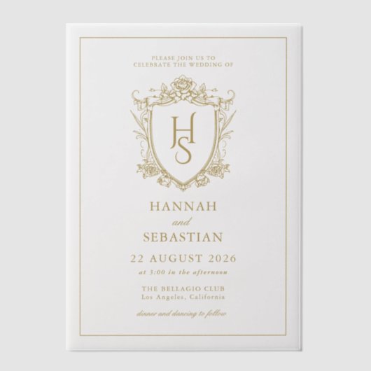 Wit en Goud Oud Geld  Crest Wedding Vellum Uitnodigingen (Voorkant)