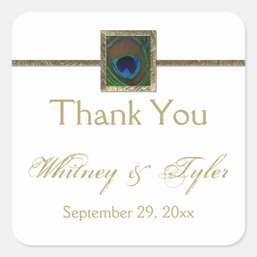 Wit en Goud Peacock Feather Bruiloft Sticker (Voorkant)
