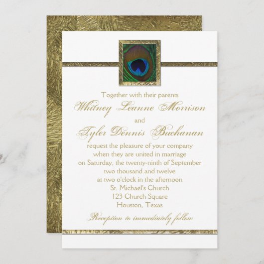 Wit en Goud Peacock Feather Bruiloft Uitnodiging (Voorkant / Achterkant)