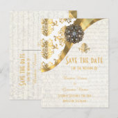 Wit en goud perkament damast save the date aankondigingskaart (Voorkant / Achterkant)