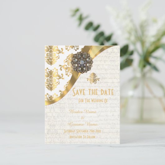 Wit en goud perkament damast save the date aankondigingskaart (Staand voorkant)