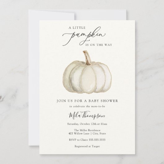 Wit en Goud Pompoen Baby shower Invitation Kaart (Voorkant)