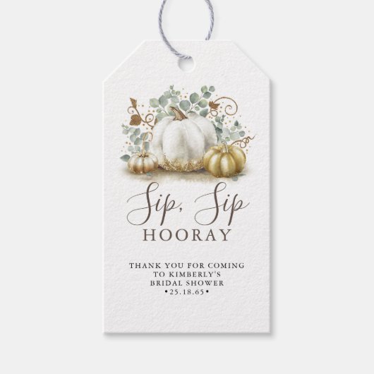Wit en Goud Pompoen Herfst Sip Hoera Cadeaulabel (Voorkant)