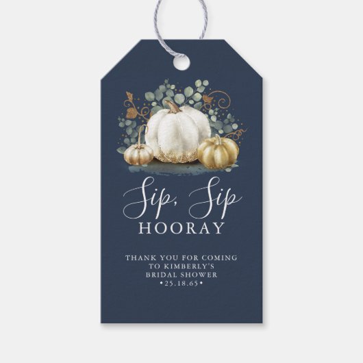 Wit en Goud Pompoen Herfst Sip Sip Hoera Gift Ta Cadeaulabel (Voorkant)