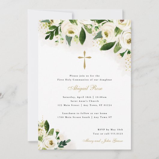 Wit en Goud Waterverf Bloemen Religieus Kruis Kaart (Voorkant)
