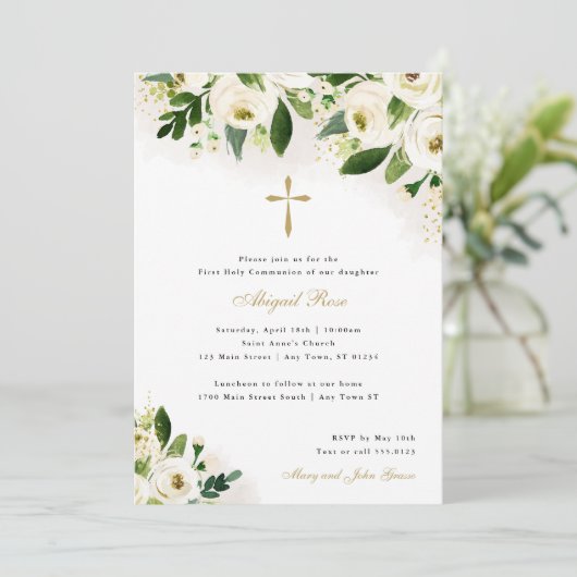 Wit en Goud Waterverf Bloemen Religieus Kruis Kaart (Staand voorkant)