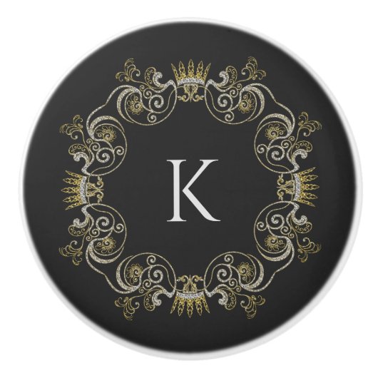 Wit en Goud wervelt lijst Monogram Keramische Knop (Voorkant)