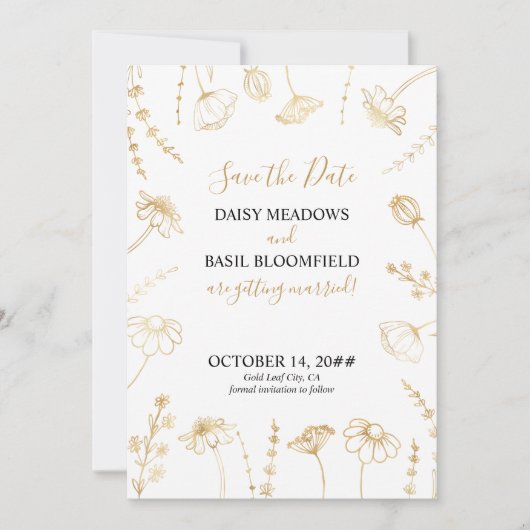 Wit en Goud Wildflower Schets Ingelijste Foto Save The Date (Voorkant)