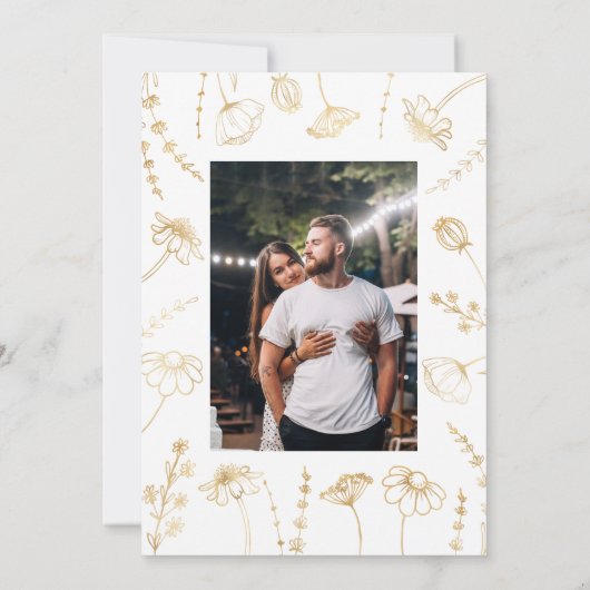 Wit en Goud Wildflower Schets Ingelijste Foto Save The Date (Achterkant)