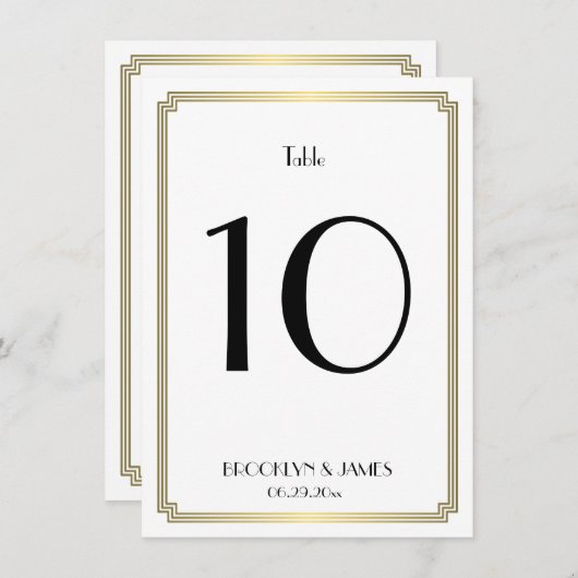 Wit en gouden art-deco-tafelnummer voor de bruilof kaart (Voorkant / Achterkant)