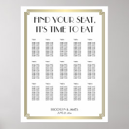 Wit en gouden Art Deco zitplaatskaart voor een tro Poster