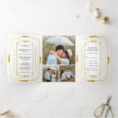 Wit en Gouden Folie Art Deco Fotocollage Bruiloft Drieluik Uitnodiging (Binnen)