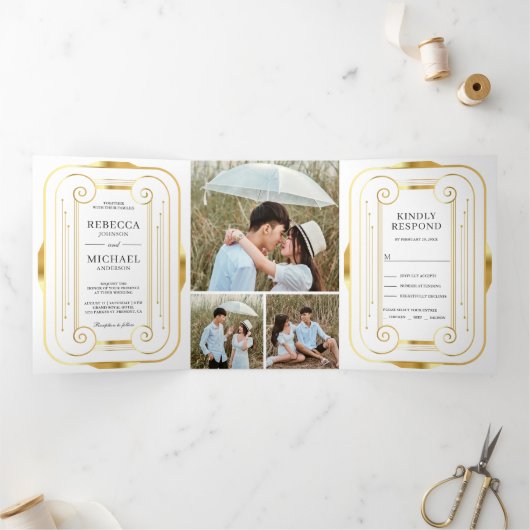 Wit en Gouden Folie Art Deco Fotocollage Bruiloft Drieluik Uitnodiging (Binnen)