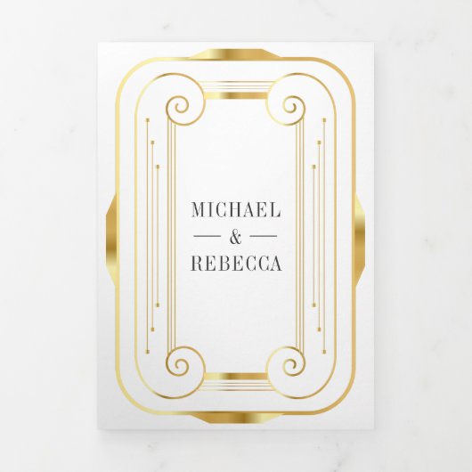 Wit en Gouden Folie Art Deco Fotocollage Bruiloft Drieluik Uitnodiging (Cover)