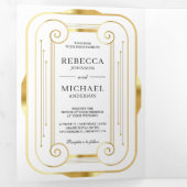 Wit en Gouden Folie Art Deco Fotocollage Bruiloft Drieluik Uitnodiging (Binnenzijde eerst)